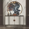 Modern Entryway Console Table With Circular Mirror Decorative Vase And Marble Wall Design 3d model