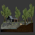 Cartoon Scene With Small House Green Trees Pond And Rocky Ground