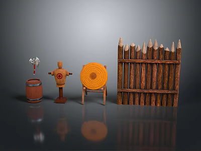 Wooden Fence with Rustic Wooden Barrel Target and Straw Mat Decorations 3d model