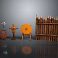 Wooden Fence with Rustic Wooden Barrel Target and Straw Mat Decorations