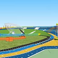 Kids Playground Design With Colorful Slides Circular Track Lawn Area And Climbing Structures