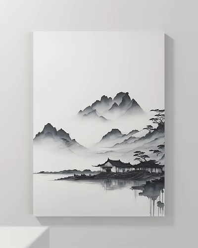Chinese Ink Style Landscape Painting With Distant Mountains Misty Clouds And Waterfront Pavilion Reflections 3d model