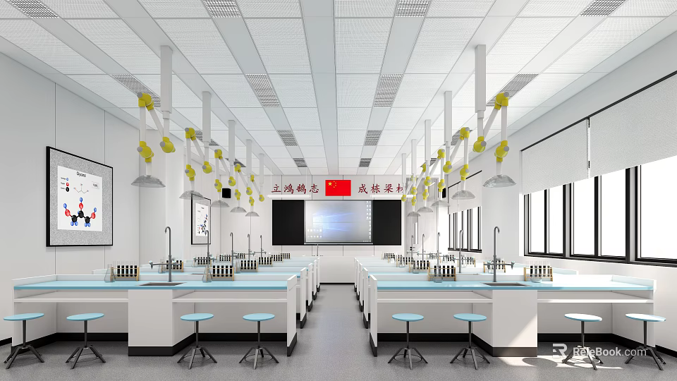 Bright Modern Laboratory Interior With Lab Benches Stools Ventilation Hoods And Windows 3d model