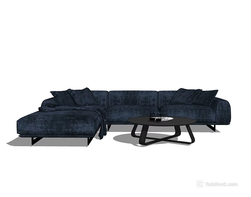 Navy Blue L Shaped Sectional Sofa With Modern Coffee Table And Decorative Items 3d model