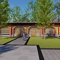 Community Cultural Activity Center Red White Building With Arched Entrance Steps And Trees