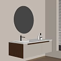 Wall Mounted Bathroom Vanity with White Brown Cabinet Round Striped Mirror Toiletries and Window Blinds