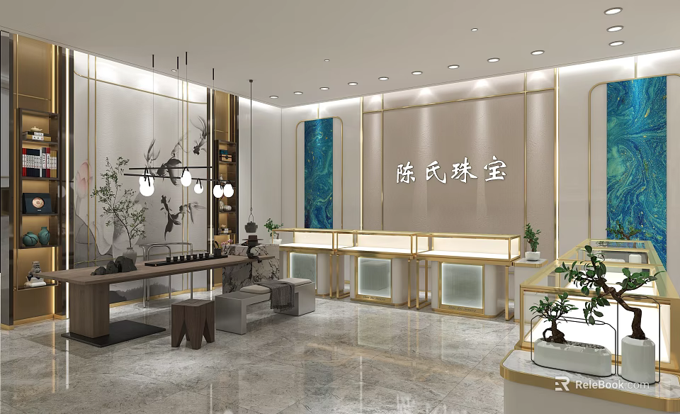 Elegant Chinese Style Jewelry Store Interior With Luxurious Display Counters Chandeliers And Green Plants 3d model 