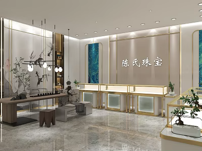 Elegant Chinese Style Jewelry Store Interior With Luxurious Display Counters Chandeliers And Green Plants 3d model