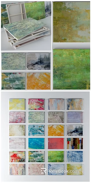 Colorful Abstract Oil Paintings With Stacked Canvases Various Styles And Arranged 3d model 
