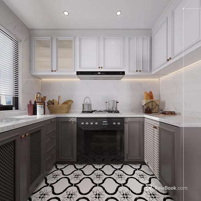 Modern White And Grey Kitchen Interior With Marble Countertop Black Appliances Baskets And Bread 3d model 