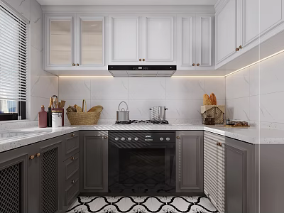 Modern White And Grey Kitchen Interior With Marble Countertop Black Appliances Baskets And Bread 3d model