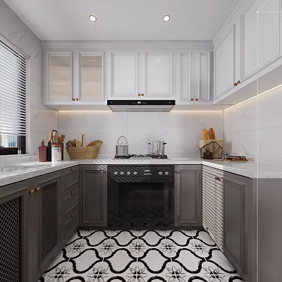 Modern White And Grey Kitchen Interior With Marble Countertop Black Appliances Baskets And Bread 3d model