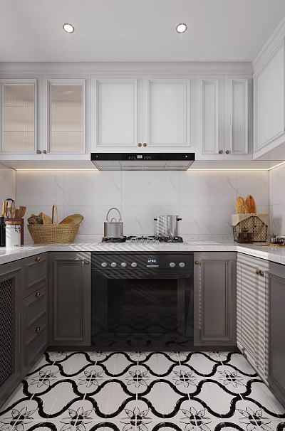 Modern White And Grey Kitchen Interior With Marble Countertop Black Appliances Baskets And Bread 3d model