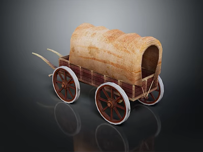 Vintage Wooden Covered Wagon With Canvas Top And Red White Wheels 3d model