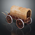 Vintage Wooden Covered Wagon With Canvas Top And Red White Wheels