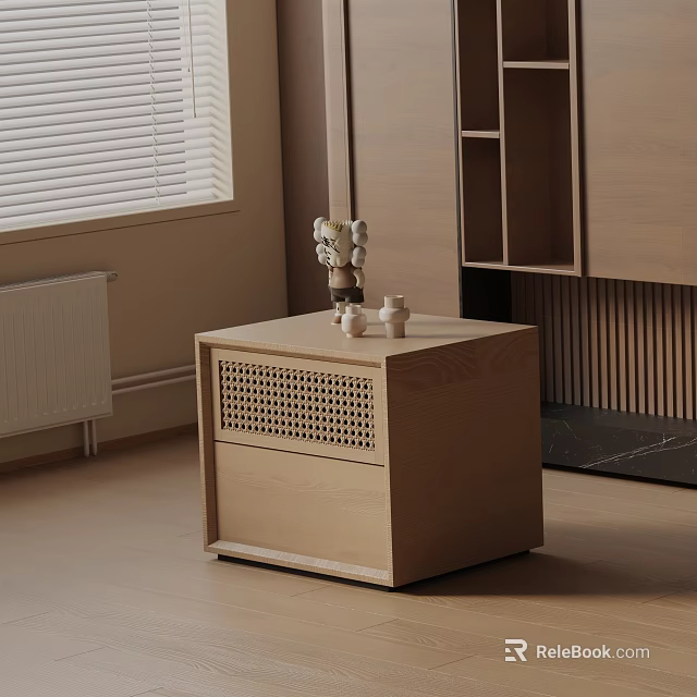 Modern Wooden Bedside Table With Perforated Panel And Decorative Items In Minimalist Bedroom 3d model 
