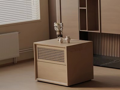 Modern Wooden Bedside Table With Perforated Panel And Decorative Items In Minimalist Bedroom 3d model