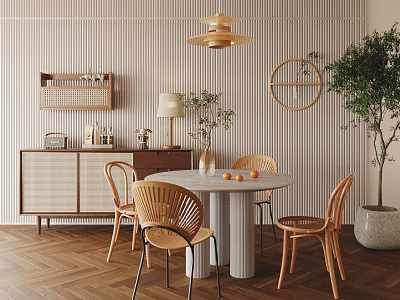 Modern Dining Living Room Interior With Rattan Chairs Round Table And Pendant Light 3d model