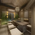 Japanese Traditional Interior With Cherry Blossom Ceiling Wooden Table Chairs And Decorative Elements