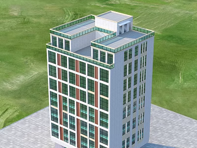 Multi story Residential Building With White Red Exterior Multiple Windows Green Lawn And Gray Pavement 3d model