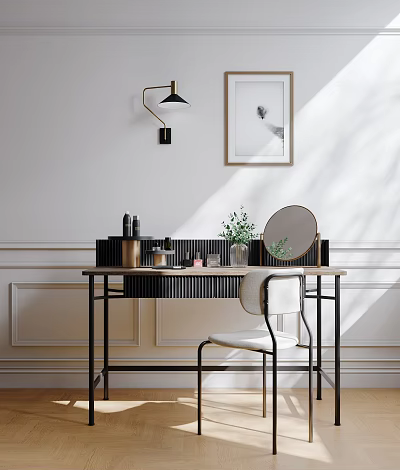 Modern Dressing Table Interior With Black Wall Lamp Round Mirror Cosmetics Green Plant White Chair 3d model