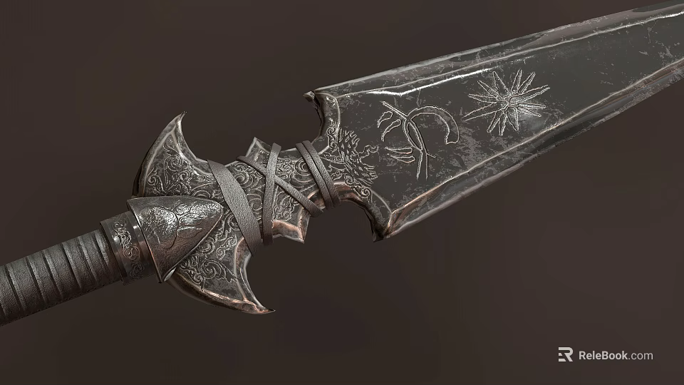 Ornate Medieval Sword With Intricate Hilt Carvings And Decorative Blade Symbols 3d model 