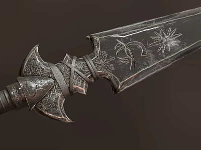 Ornate Medieval Sword With Intricate Hilt Carvings And Decorative Blade Symbols 3d model