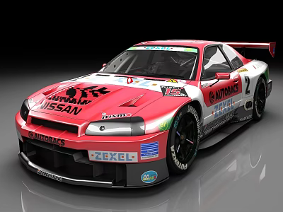 Red Nissan Racing Car With Sponsor Logos And Number 2 Design 3d model