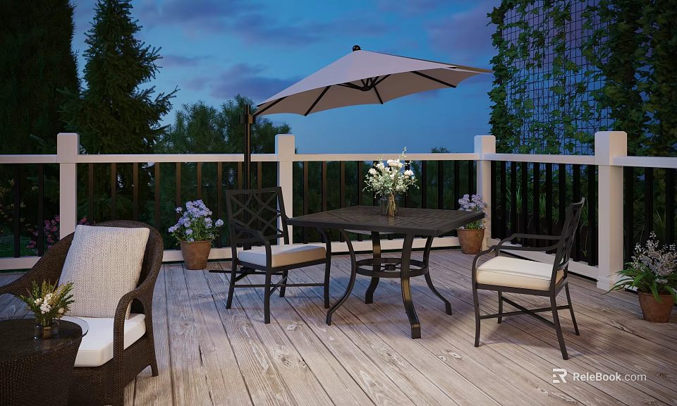 Scenic Wooden Deck Patio With White Railings Dining Table Umbrella Flowers And Twilight Sky 3d model 