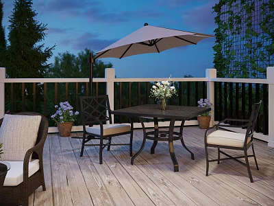 Scenic Wooden Deck Patio With White Railings Dining Table Umbrella Flowers And Twilight Sky 3d model