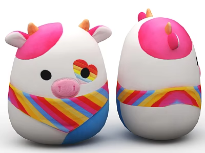 Cute White and Pink Cow Plush Toy with Rainbow Scarf and Heart Eye 3d model