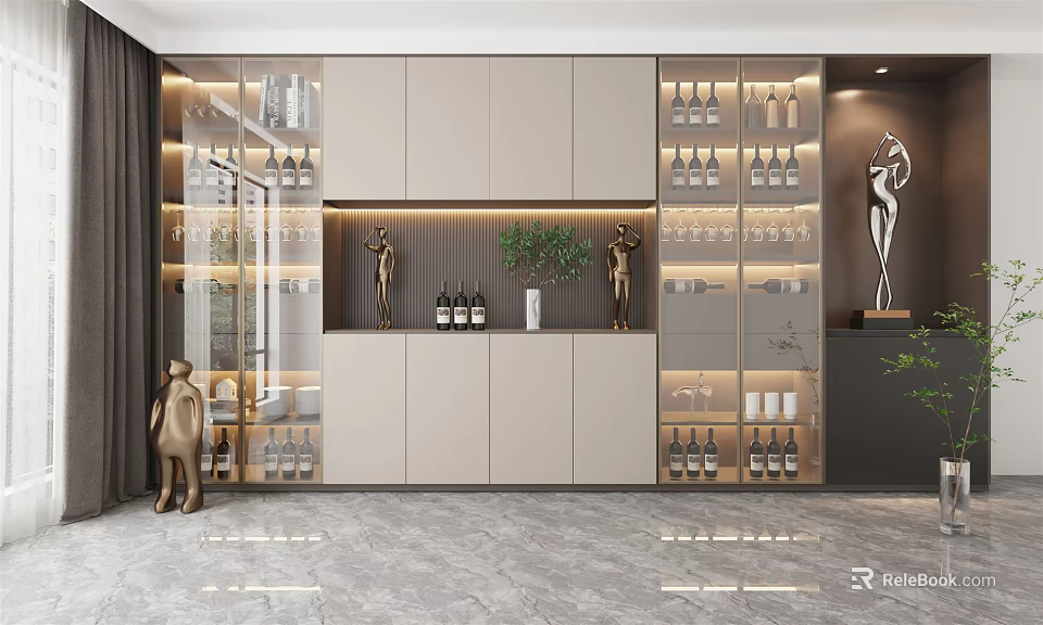Modern Wine Cabinet With Glass Doors Wine Bottles Wine Glasses Decorative Sculptures And Green Plant 3d model 