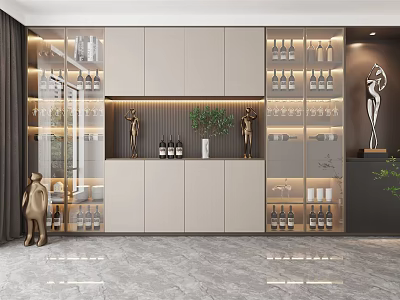 Modern Wine Cabinet With Glass Doors Wine Bottles Wine Glasses Decorative Sculptures And Green Plant 3d model