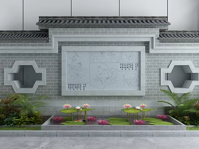 Traditional Chinese Garden Ornament With Gray Brick Wall Lotus Pond And Green Plants 3d model