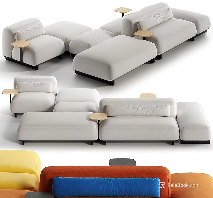 Modern Modular Sectional Sofa Combinations With Side Tables And Color Options 3d model 