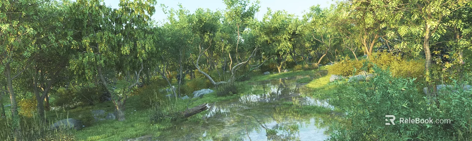 Scenic Natural Landscape With Lush Green Trees Calm Water Pond Fallen Log Grass And Rocks 3d model 