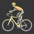 Professional Cyclist In Yellow Jersey And Helmet Riding Yellow Bicycle On Gray Background