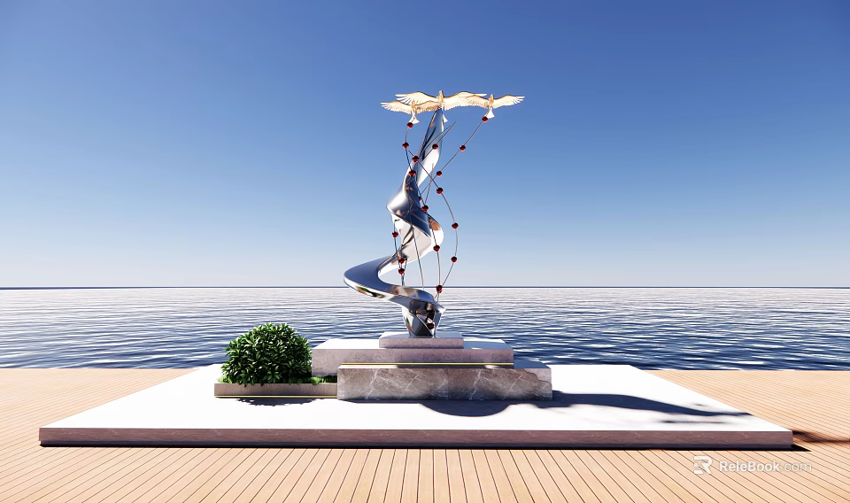 Silver Flying Bird Sculpture with Marble Base by Waterfront and Green Shrub 3d model 