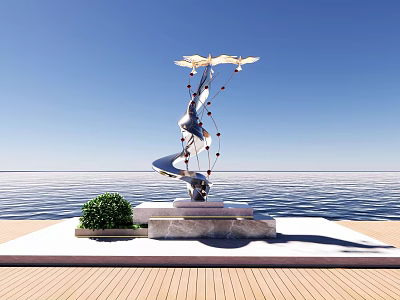 Silver Flying Bird Sculpture with Marble Base by Waterfront and Green Shrub 3d model