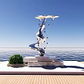 Silver Flying Bird Sculpture with Marble Base by Waterfront and Green Shrub