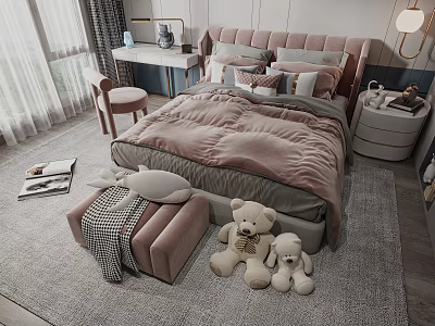 Soft Pink Kids Bed Interior With Plush Toys Upholstered Ottoman Nightstand And Rug 3d model