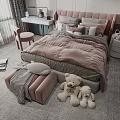 Soft Pink Kids Bed Interior With Plush Toys Upholstered Ottoman Nightstand And Rug