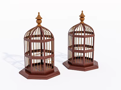Two Brown Decorative Bird Cages With Hexagonal Base Ornate Spire Top Open Structure Design 3d model