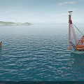 Red Offshore Pile Driver Industrial Equipment Operating In Marine Water Area With Platforms