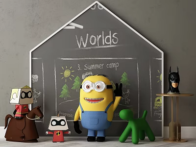 Playful Minion Green Dog Red Clothed Horse Riding Dolls With Summer Camp Blackboard And Batman 3d model