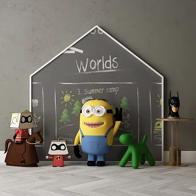 Playful Minion Green Dog Red Clothed Horse Riding Dolls With Summer Camp Blackboard And Batman 3d model