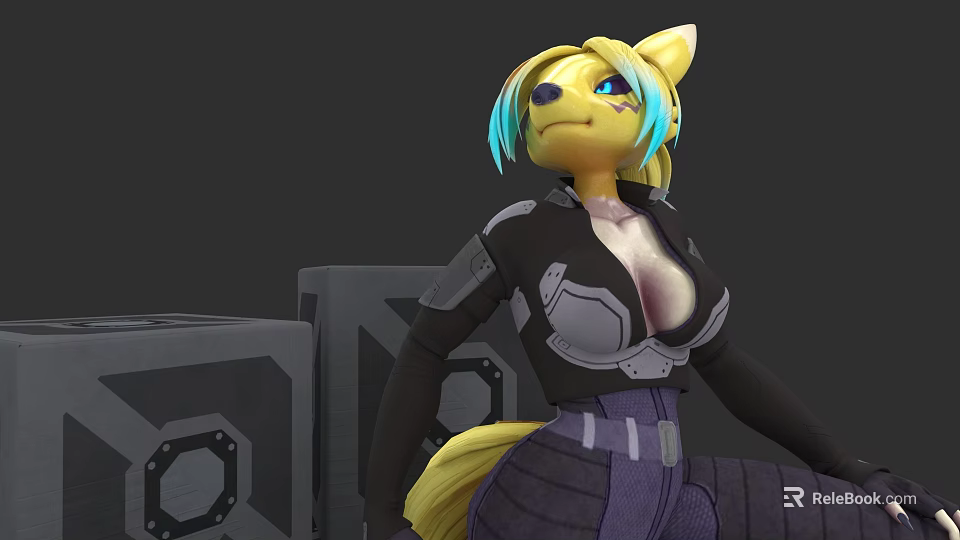 Game and Movie Character Anthropomorphic Fox Blonde Hair Blue Highlights in Black Combat Armor Outfit 3d model 