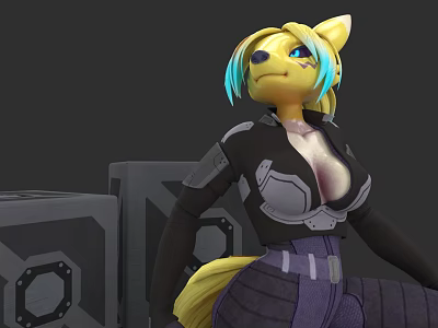 Game and Movie Character Anthropomorphic Fox Blonde Hair Blue Highlights in Black Combat Armor Outfit 3d model