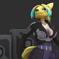 Game and Movie Character Anthropomorphic Fox Blonde Hair Blue Highlights in Black Combat Armor Outfit