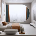 Hotel Guest Room Interior With Circular And U Shaped Lighting Fixtures Modern Minimalist Design